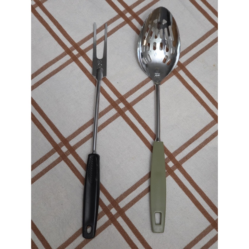 Ekco/Foley USA Spoon & Fork Set Avocado Green/Black Handle 13" Chromium Vintage